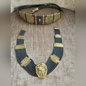 Vintage 80's Leather And Gold Hardware Belt. Matching Lion Head Necklace.